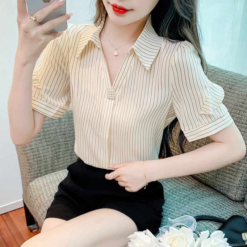 Striped Ruffle-Trimmed Collared V-Neck Blouse, Short Sleeved
