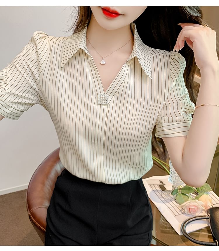 Striped Ruffle-Trimmed Collared V-Neck Blouse, Short Sleeved