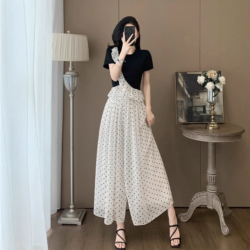 Ruffle-Trimmed Crew Neck Top with Dotted Wide-Leg Pants Set