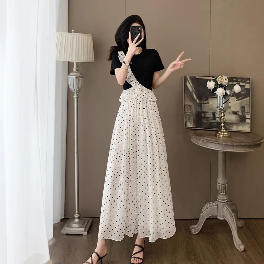 Ruffle-Trimmed Crew Neck Top with Dotted Wide-Leg Pants Set