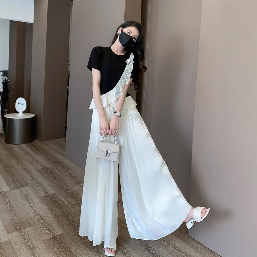 Ruffle-Trimmed Crew Neck Top with Wide-Leg Pants Set