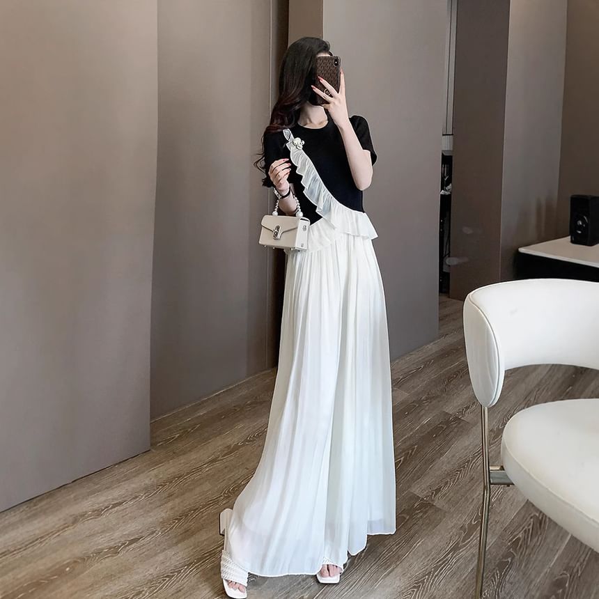 Ruffle-Trimmed Crew Neck Top with Wide-Leg Pants Set