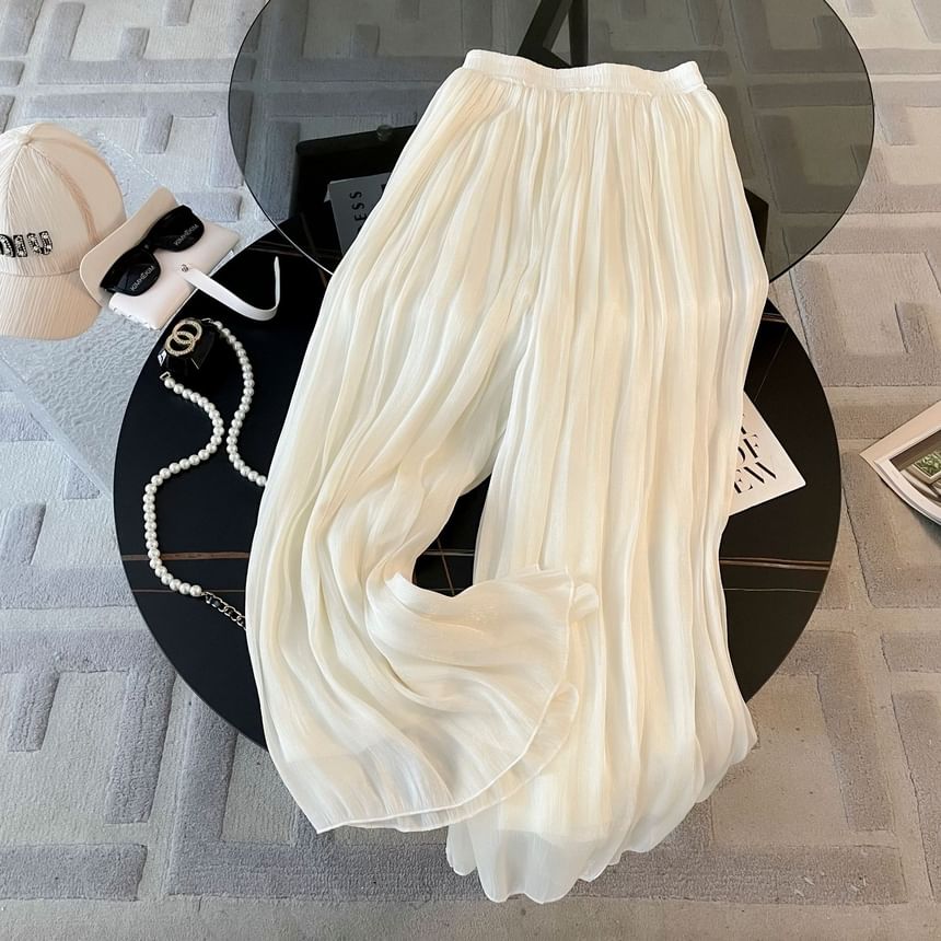 Ruffle-Trimmed Crew Neck Top with Wide-Leg Pants Set