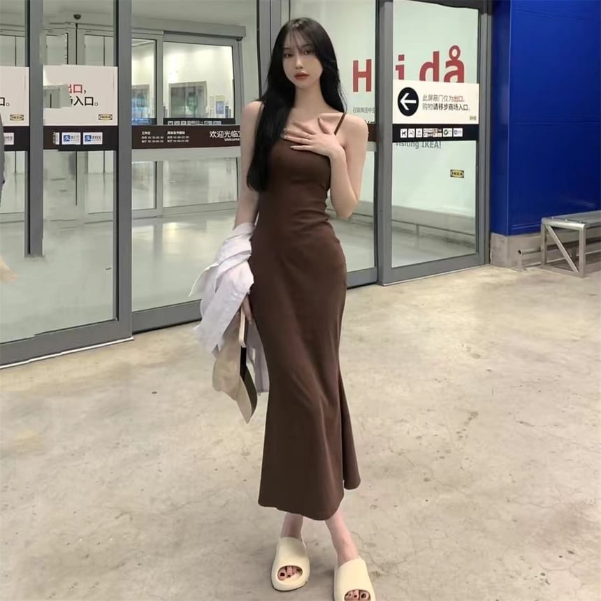 Spaghetti Strap Scoop Neck Plain Maxi Bodycon Dress