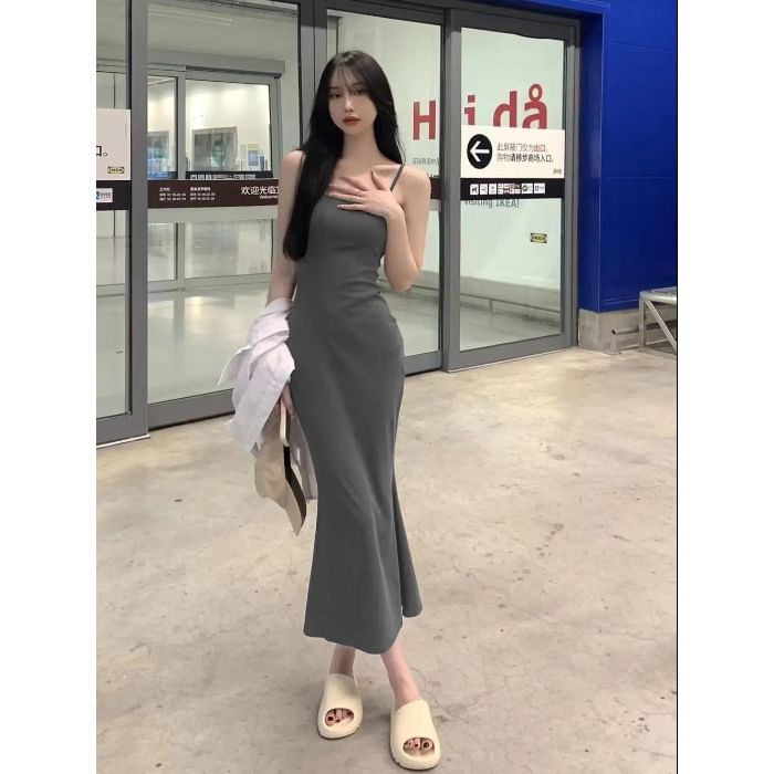 Spaghetti Strap Scoop Neck Plain Maxi Bodycon Dress