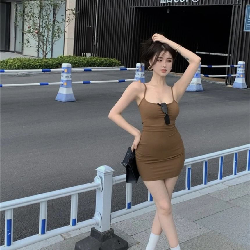 Spaghetti Strap Scoop Neck Plain Mini Bodycon Dress