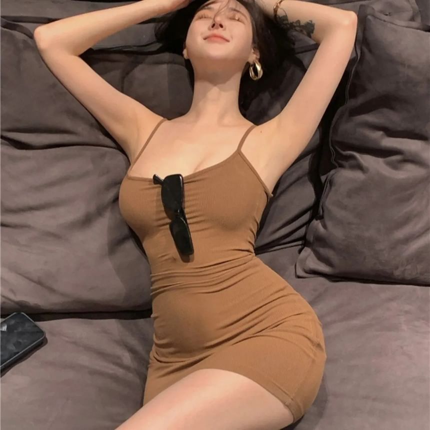 Spaghetti Strap Scoop Neck Plain Mini Bodycon Dress