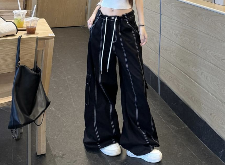 Collar Plain Crop Slim Fit Tank Top / Mid Waist Contrast Stitching Baggy Cargo Pants
