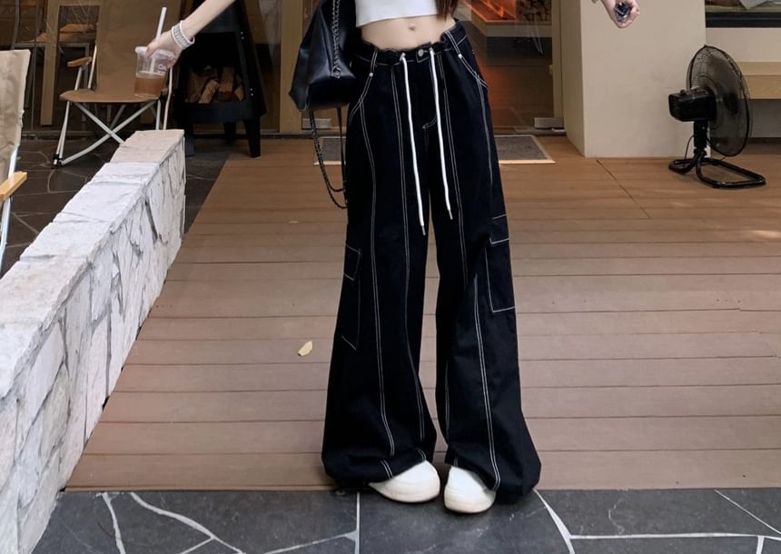 Collar Plain Crop Slim Fit Tank Top / Mid Waist Contrast Stitching Baggy Cargo Pants