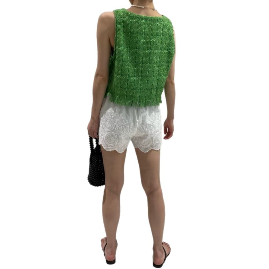 Scoop Neck Fringed Tweed Button Vest
