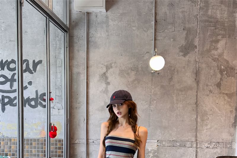 Striped Crop Tube Top / Drawstring Waist Baggy Cargo Pants