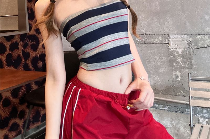 Striped Crop Tube Top / Drawstring Waist Baggy Cargo Pants