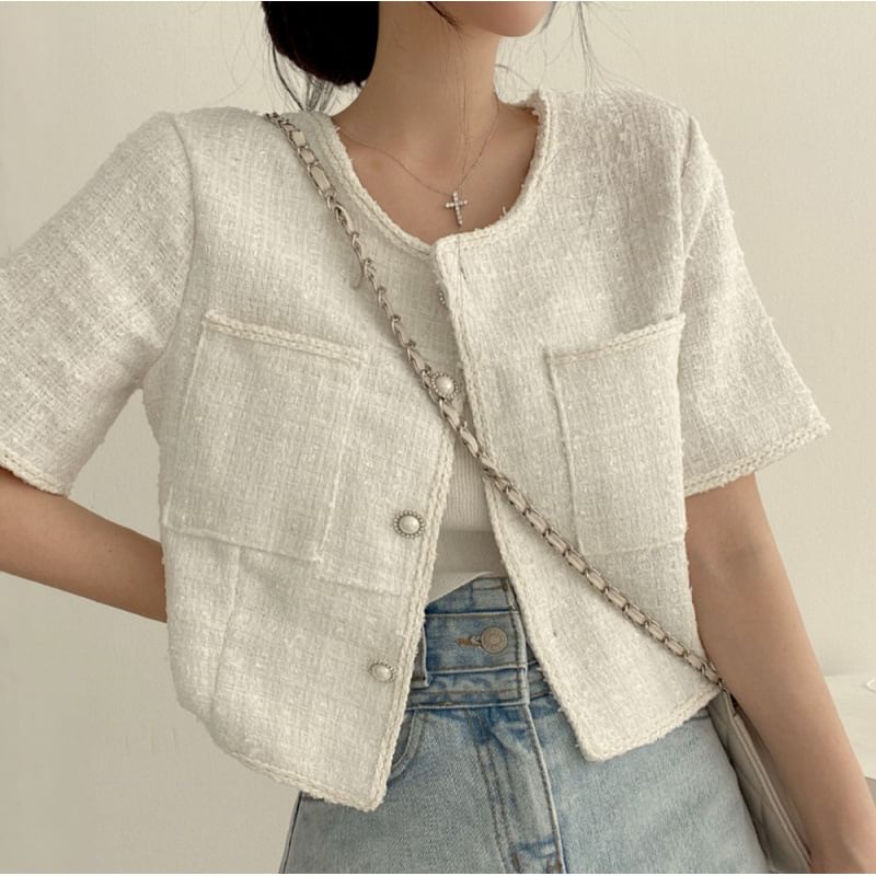 Short Sleeve Round Neck Tweed Faux Pearl Button Jacket