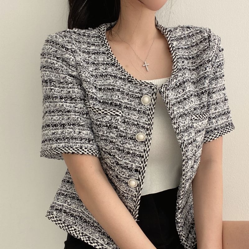 Short Sleeve Round Neck Tweed Faux Pearl Button Jacket