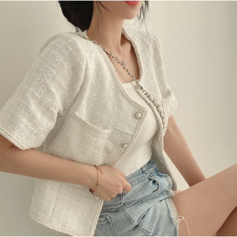 Short Sleeve Round Neck Tweed Faux Pearl Button Jacket