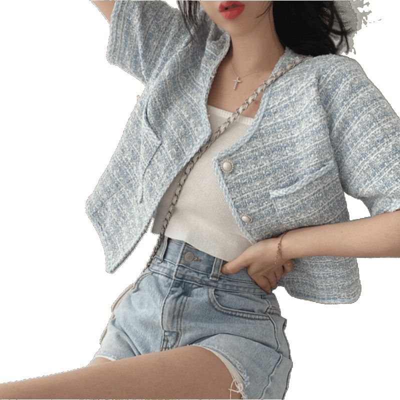 Short Sleeve Round Neck Tweed Faux Pearl Button Jacket