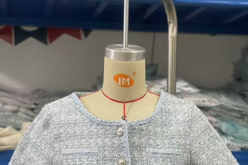 Short Sleeve Round Neck Tweed Faux Pearl Button Jacket