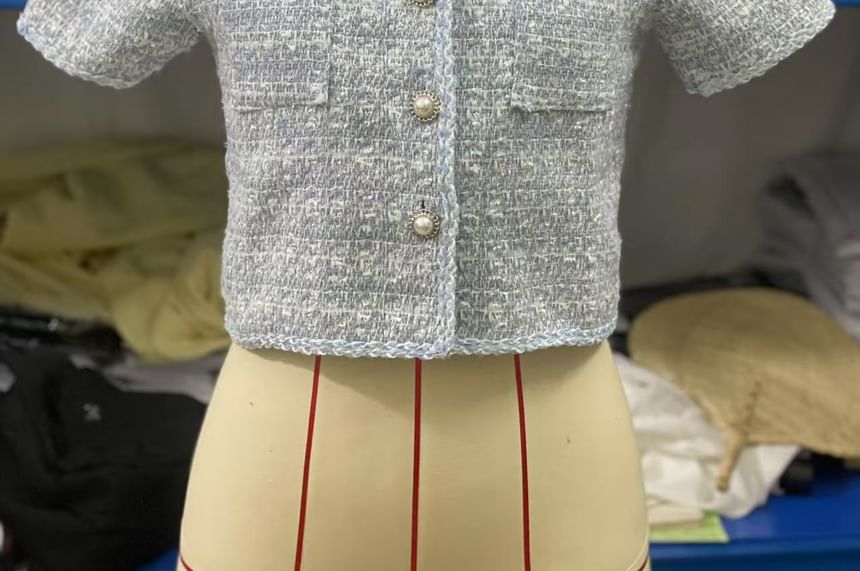 Short Sleeve Round Neck Tweed Faux Pearl Button Jacket