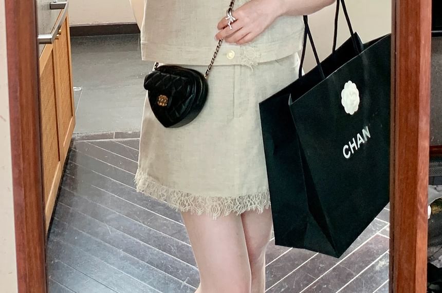 Lace-Trimmed Pocket Sleeveless Shirt & Mini A-Line Skirt Set