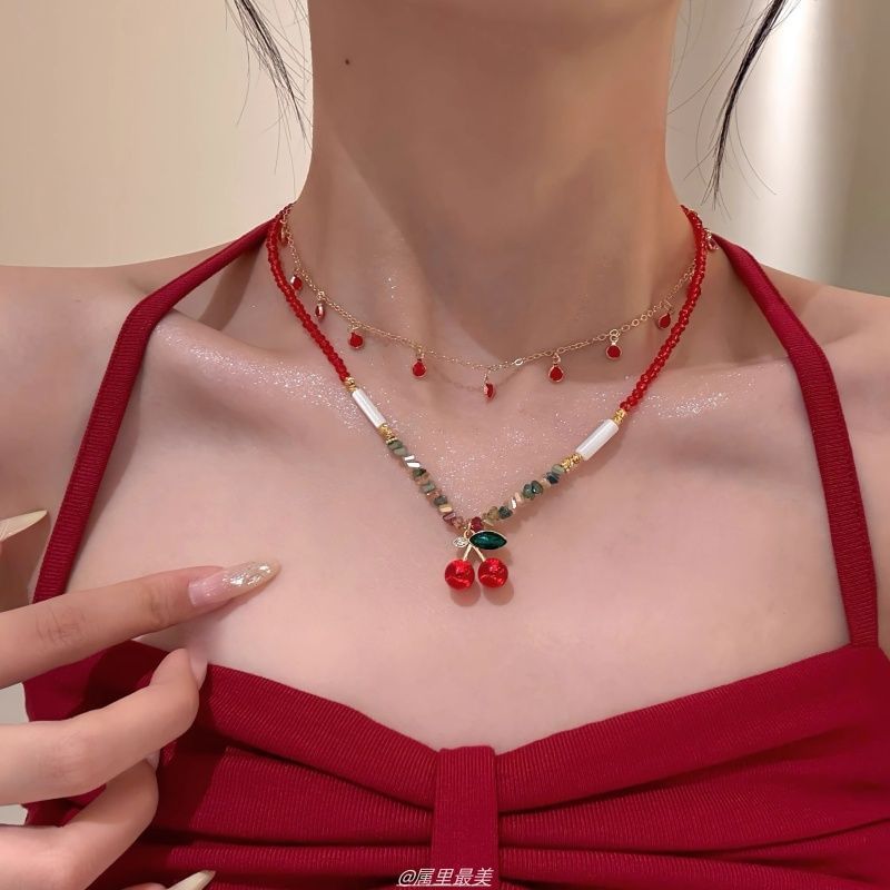 Necklace Beaded Cherry Layered Pendant