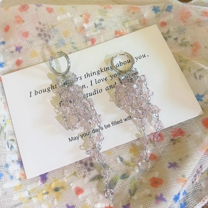 Fringed Rhinestone Earring Drop Bow Huggie