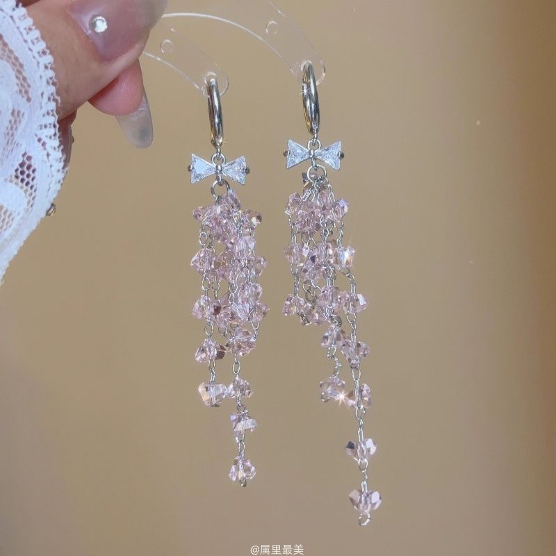 Fringed Rhinestone Earring Drop Bow Huggie