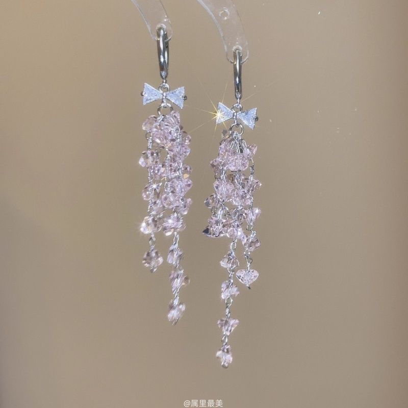 Fringed Rhinestone Earring Drop Bow Huggie