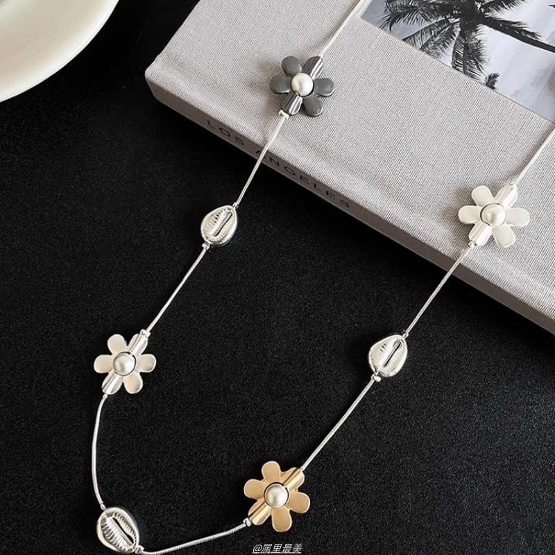 Pearl Long Faux Necklace Flower