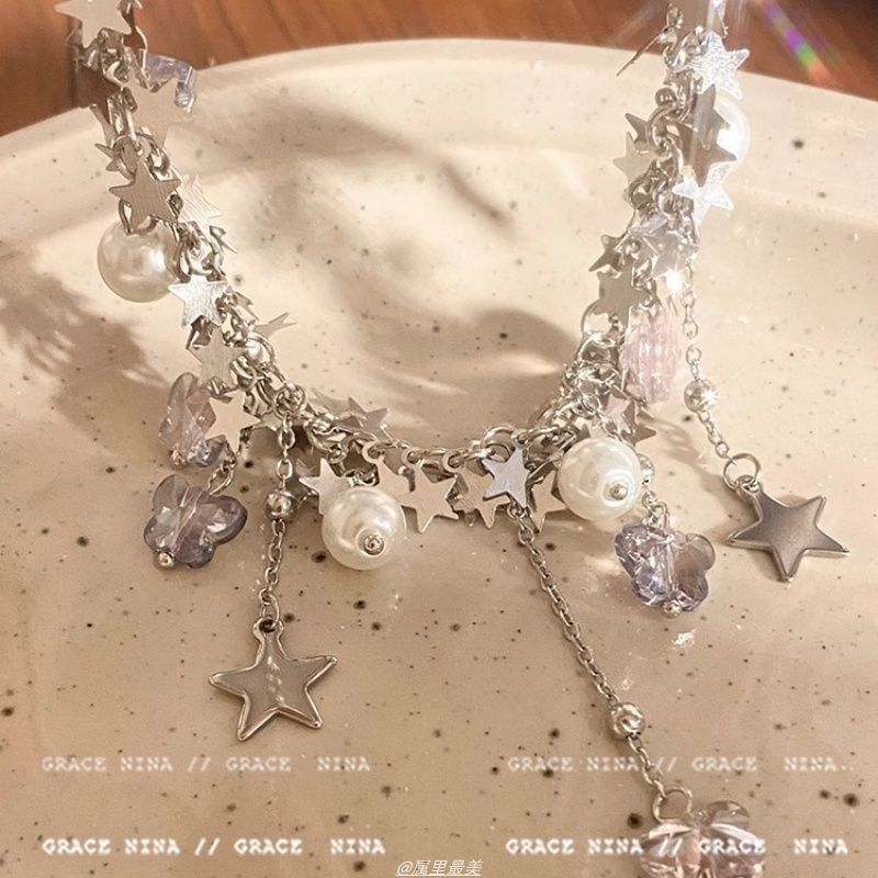 Faux Pearl Necklace Fringed Star Butterfly