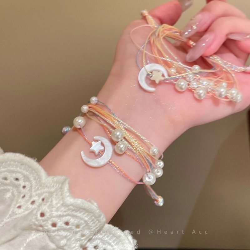 Faux String Bracelet Pearl Moon Layered
