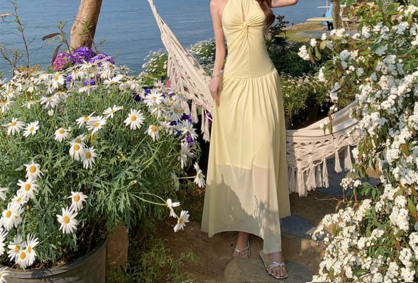 Open Back Mesh Maxi Dress with Cutout and Halter Neck - NoBrand
