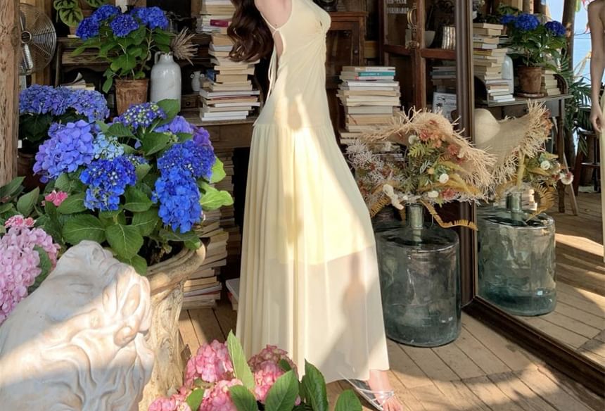 Open Back Mesh Maxi Dress with Cutout and Halter Neck - NoBrand