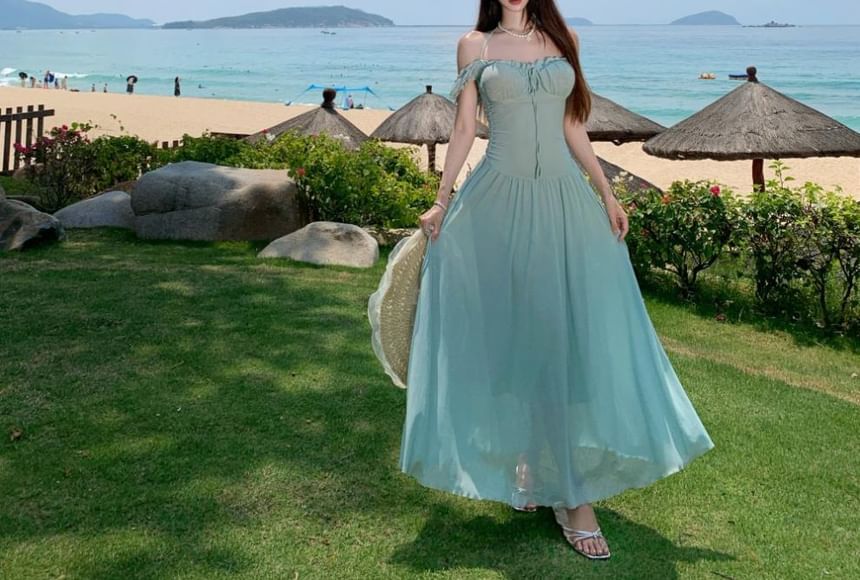 Off-Shoulder Ruched Mesh Maxi Dress with Frill Trim - NoBrand