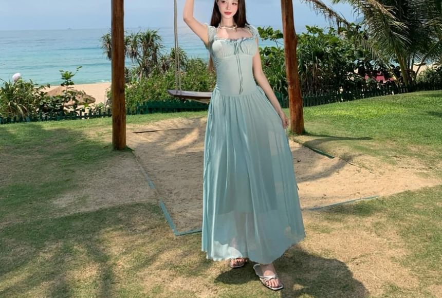 Off-Shoulder Ruched Mesh Maxi Dress with Frill Trim - NoBrand