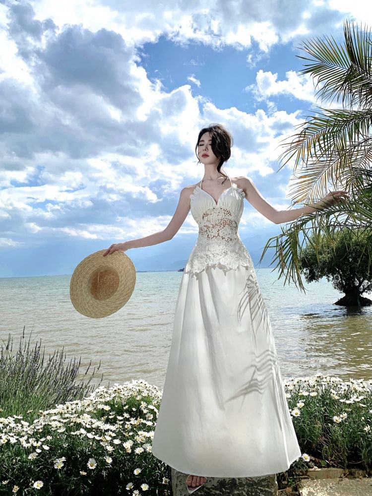 Lace Panel Maxi Dress with Frill Trim and Open Back - NoBrand