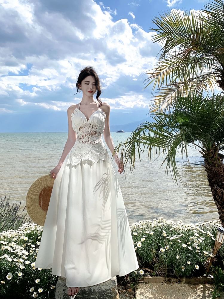 Lace Panel Maxi Dress with Frill Trim and Open Back - NoBrand