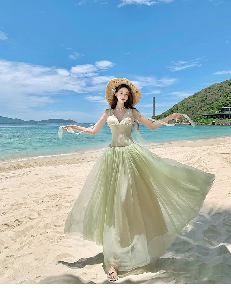 Mesh Maxi Dress with Spaghetti Strap and Frill Trim - NoBrand