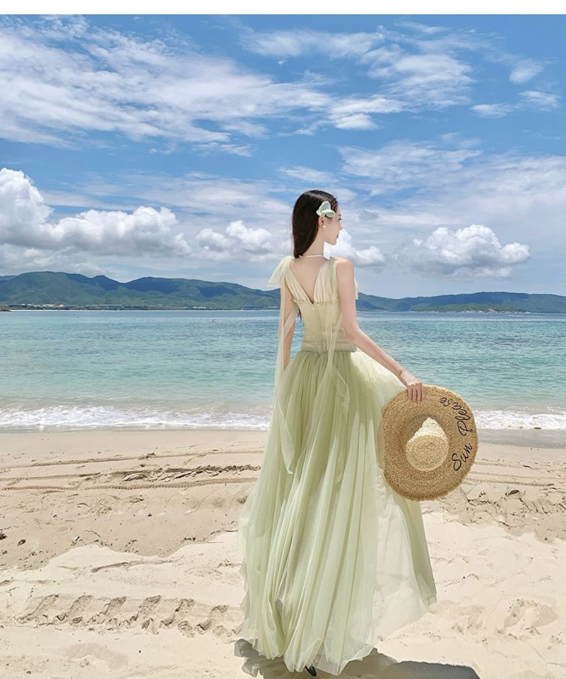 Mesh Maxi Dress with Spaghetti Strap and Frill Trim - NoBrand
