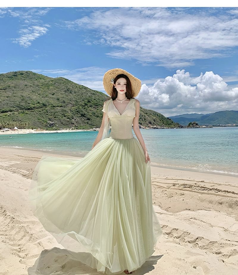 Mesh Maxi Dress with Spaghetti Strap and Frill Trim - NoBrand