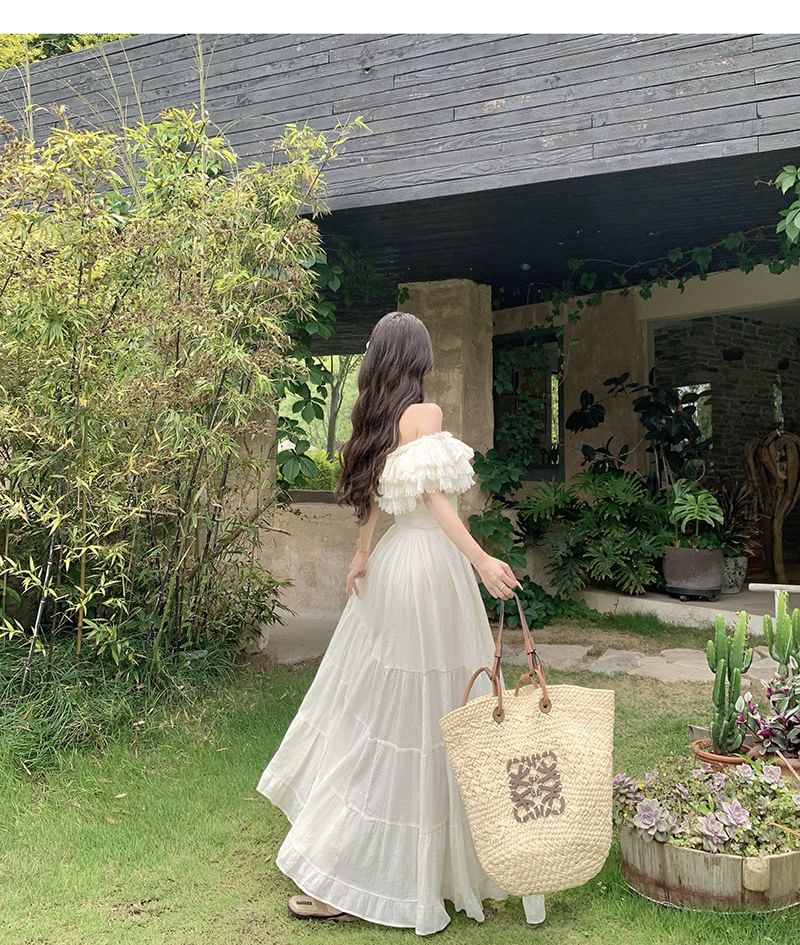 Frayed Maxi A-Line Dress with Off-Shoulder and Ruffle Trim - NoBrand