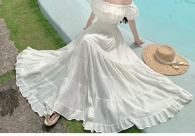 Frayed Maxi A-Line Dress with Off-Shoulder and Ruffle Trim - NoBrand