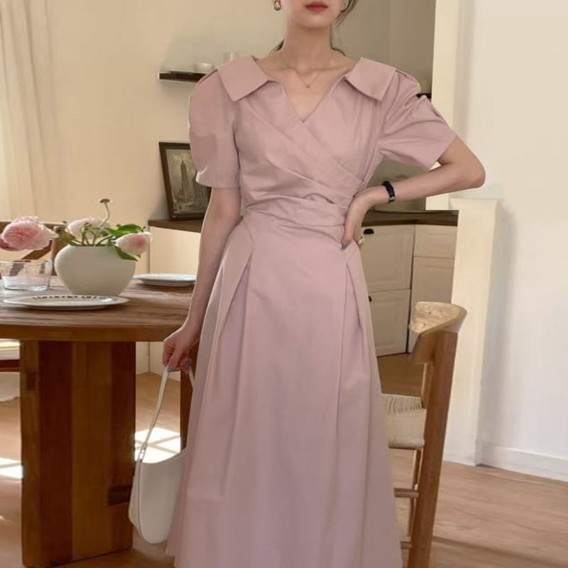 Ruched Wrap Maxi Dress with Short Sleeves and Collar - NoBrand