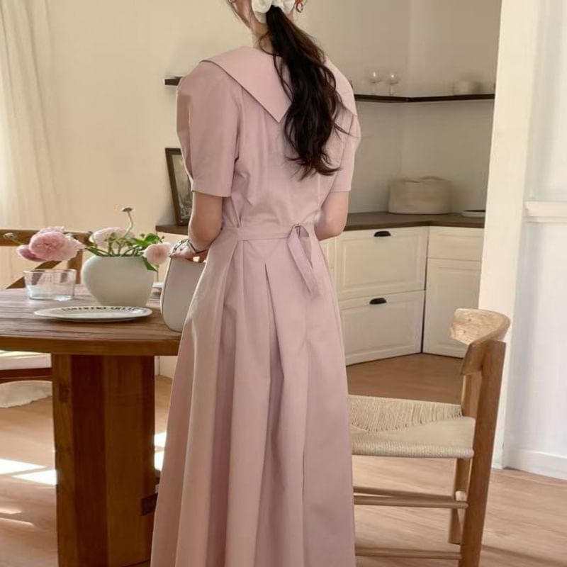 Ruched Wrap Maxi Dress with Short Sleeves and Collar - NoBrand