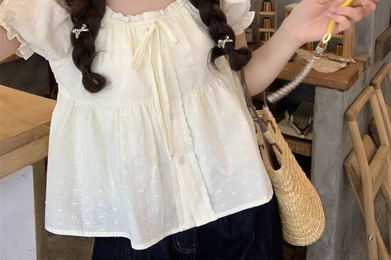 Lace-Trimmed Tie-Front Buttoned Puff-Sleeved Scoopneck Crop Blouse