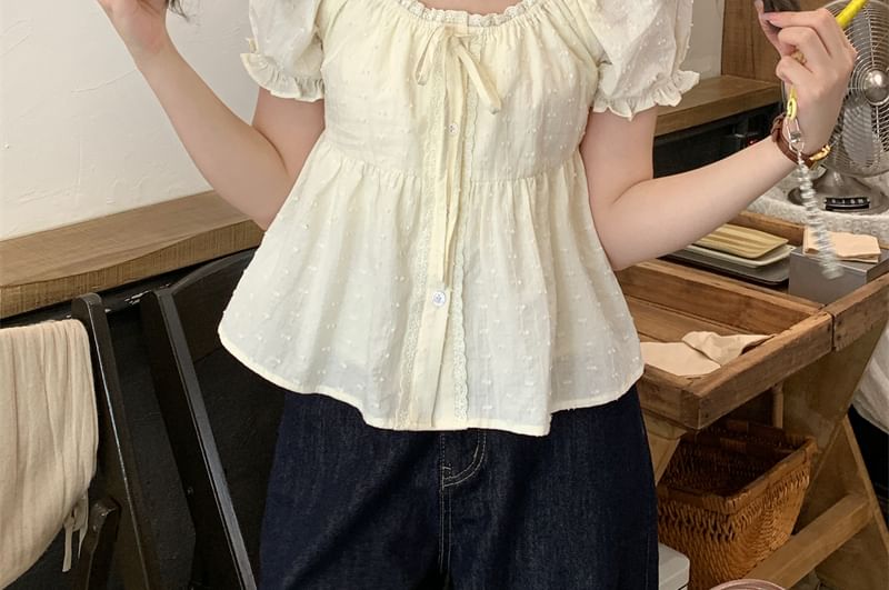 Lace-Trimmed Tie-Front Buttoned Puff-Sleeved Scoopneck Crop Blouse