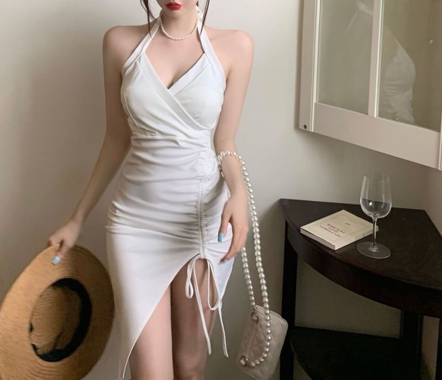 Halter Sleeveless Mini Dress Ruched