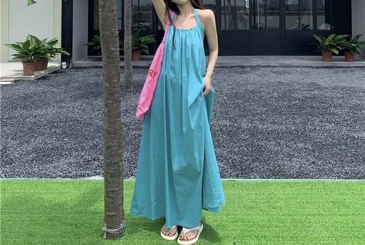 Print Neck Sleeveless Dress Maxi Halter