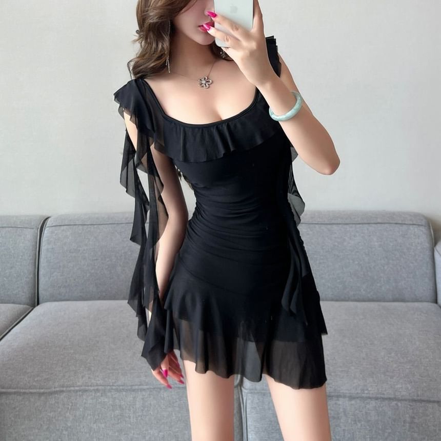 Mini Dress Neckline Ruffle Butterfly Sleeve