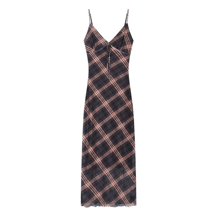 Print Maxi Plaid Dress Sleeveless V-Neck