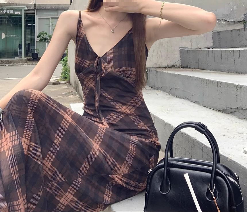 Print Maxi Plaid Dress Sleeveless V-Neck